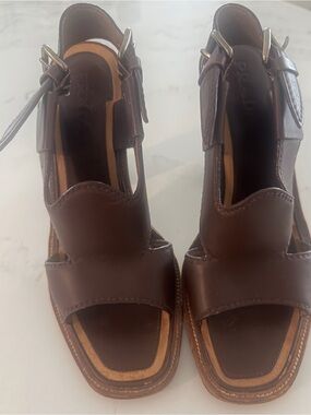 Prada Brown Leather Open-Toe Buckle Sandals w/ high wood heels sz 37